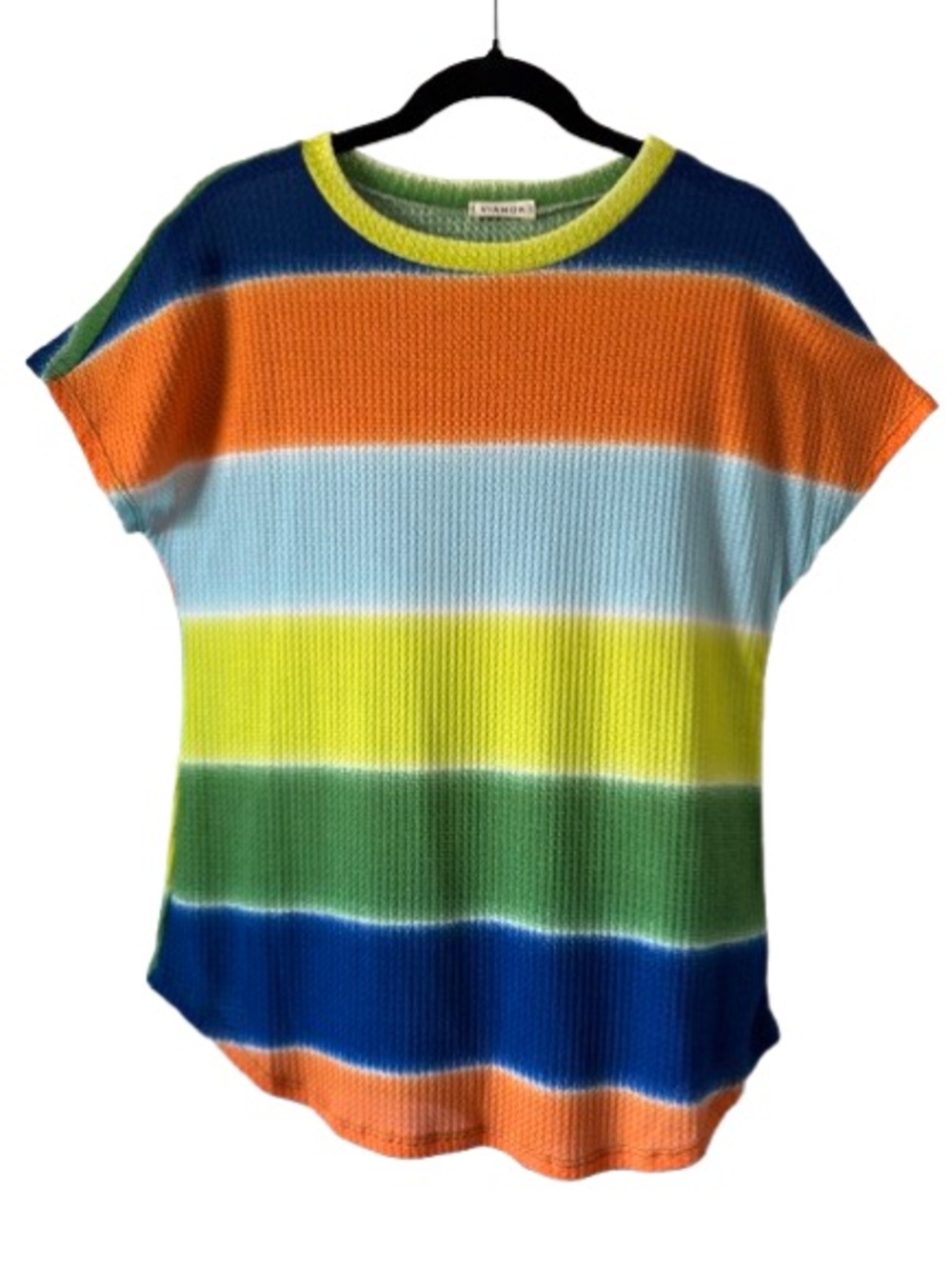 149 Viamor Waffle Texture Curve Hem Stripe Tie Dye Drop Shoulder Top
